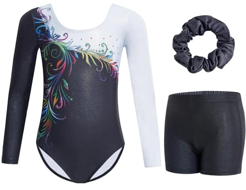 Gogokids Mädchen Drei Teile Langarm Turntrikot Set - Kinderturnoutfits mit Farbverlauf Pailletten Design, Inklusive Turntrikot, Shorts und Haarband, Funkelnde Ballett Unitards für Alter 3-12