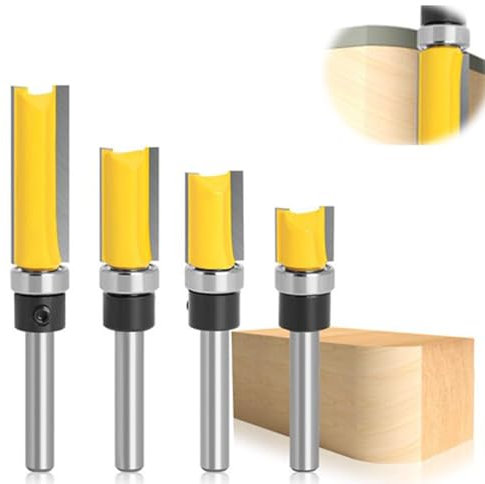 4 Pcs Woodworking Milling Tools 1/4 inch Flush Trim Pattern Router Bit Set 1/2'' Straight Flush Trim Tools Woodworking Template Router Cutter with Bearing