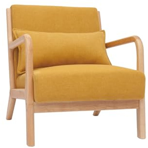 Miliboo Skandinavischer Sessel aus Stoff, Velours-Effekt, Senfgelb und helles Massivholz, Derry