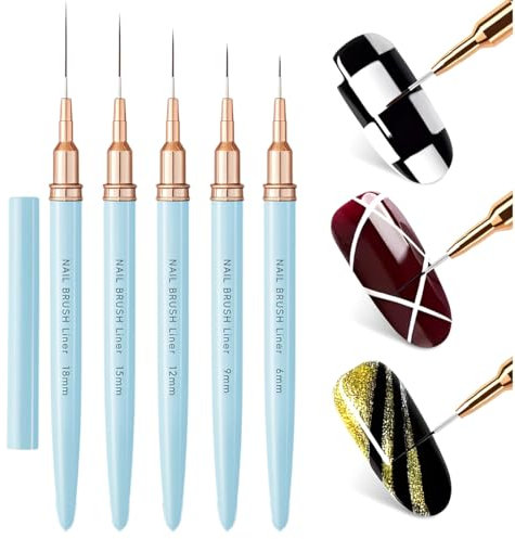 WeddHuis Pinceaux fins pour design d'ongles, 5 Pièces, Nail Art Professionnel, Liner Ultra Fin, pour Gel, Peinture Acrylique, UV Construction, French Manucure Pinceau, Nails (6/9/12/15/18 mm) (Bleu)