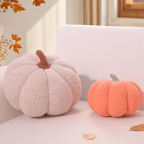 Yhoelata Kürbis Kissen, 2er-Set Kürbisform Dekokissen, Plüsch Zierkissen Aesthetic Sofakissen Teddy Fleece Kissen, Bett Kuschelkissen Runden für Kind Schlafzimmer Geschenk, 20 & 30 cm
