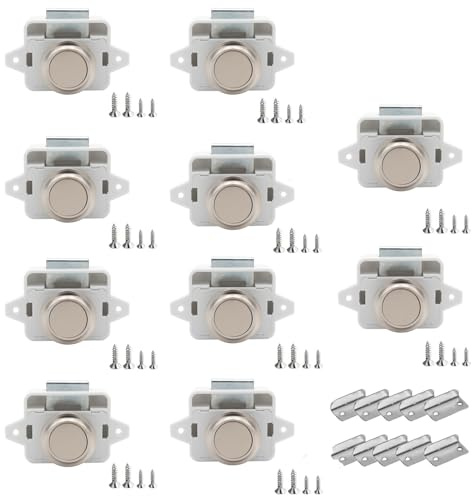 TOOSOAR 10 Pièces Verrous à Bouton-Poussoir,14-16 mm Serrure de Meuble,pour Camping-Cars, Yachts, Bateaux, RV Camping Armoire, Caravane (Blanc argenté)
