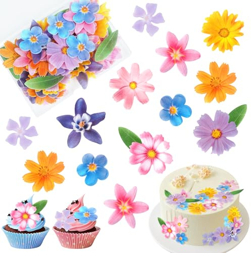 60 Stück Essbare Blumen Cupcake Deko - Esspapier Blüten für Torte, Kuchen, Hochzeit, Geburtstag, Babyparty - Bunte essbare Blätter & Blüten Topper