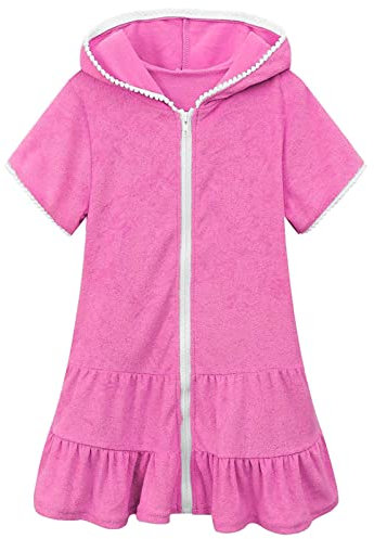 2025 Piccole ragazze nuoto copertura costume da bagno per bambini con cerniera costume da bagno da spiaggia con accappatoio assorbente spugna vestito da spiaggia borse per soldi, rosa intenso, 6-7