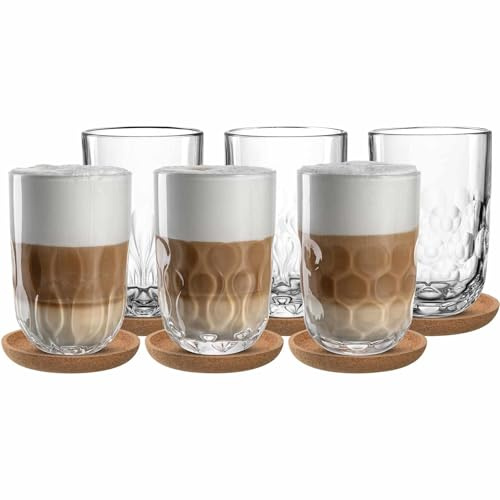 LEONARDO HOME GOCCE Latte Macchiato-Set 12-teilig, 220 ml, 6 Korkuntersetzer & 6 Latte Macchiato-Gläser für Siebträger, Spülmaschinengeeignet, Mit Tropfenstruktur, Transparent