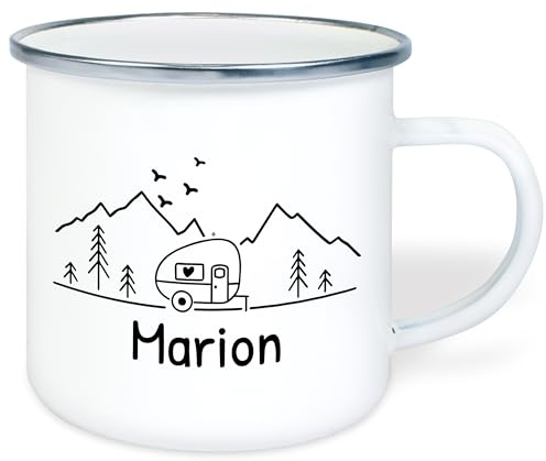 True Statements Personalisierte Emaille-Tasse - Camping Tasse mit Name & Motiv „Camper Berge“ – Outdoor Becher 330 ml - leicht & robust - Geschenk für Reisen Abendteuer Camper Campingfreunde