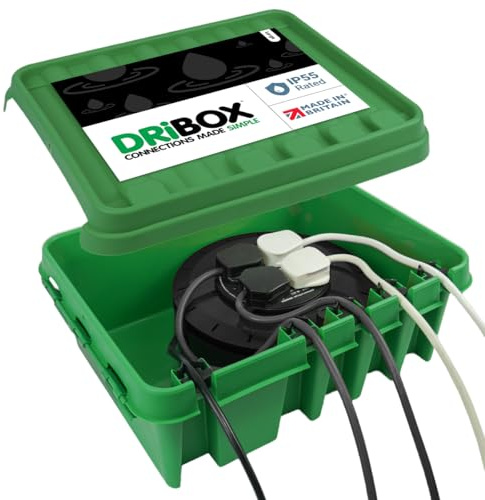 DRiBOX – Large Green IP55 Weatherproof Outdoor Electrical Connection Box 40 x 31 x 14.5cm – Power Cord Enclosure for Christmas Lights, Timers, Extension Cables, Leads, Reels, Transformers (1 Box)