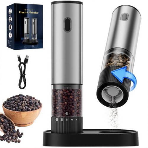 BZGG Electric Salt and Pepper Grinder Set, Rechargeable Pepper Mill with Adjustable Coarseness, One-Touch Operation, 60ml Refillable Salt Grinder, Quiet Operation for Kitchen & Dining, Black (2 Pack)