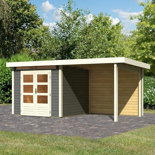 Karibu Kandern 3 | Abri de Jardin Bois Massif Gris Terre 5,95m² avec Appentis 235x254cm | Double Porte Vitrée, Lucarne, Serrure - Toit Plat, Épicéa Nordique