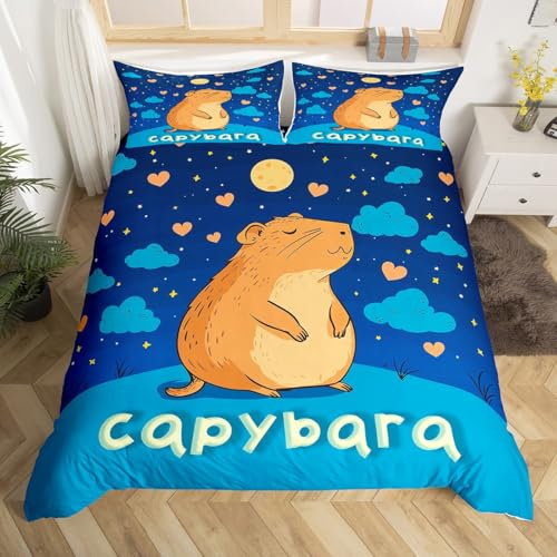 Homewish Housse de Couette 220x240 Enfant Capybara Mignon,Parure de Lit Galaxie du Ciel Étoilé,Couvre Lit Enfants Filles Garçons Nuit Noire Étoile Impression Charmant Castor Animaux Sauvages