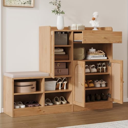 VIVCA Zapatero de 142 x 35 x 110 cm con asiento acolchado, 3 puertas de ratán trenzado y 1 cajón. Armario de almacenamiento multifuncional con zapatero para el pasillo, acabado en madera
