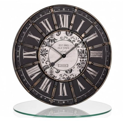 Mucola Wanduhr XXL lautlos Vintage römische Ziffern 60 cm Metall Schwarz | Zifferblatt aus MDF mit Beige-Tönen, gut ablesbar aus der Entfernung, ohne Ticken, für Wohnzimmer, Küche und Büro