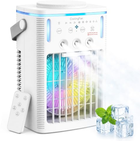 Klimaanlage Mobil,6 in 1 Mobiles Klimagerät,1000ml Mobile Klimaanlage mit Fernbedienung, 3 Geschwindigkeiten, 3 Nebelmodi, Typ-C,7 Farben Licht, 2-8H Timer, Tragbarer Klimaanlage für Zimmer/Büro