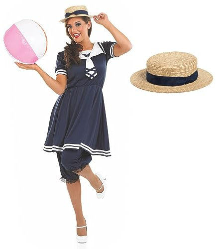 Fun Shack Costume Femme Victorien, Déguisement Maillot Bain 1900, Tenue Marin Océan Vintage, M