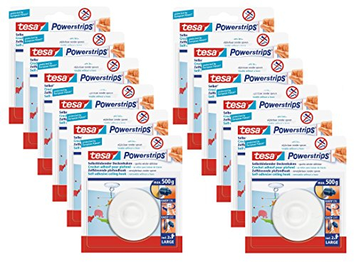 12er Mega SparPack tesa Deckenhaken mit Powerstrips, selbstklebend, wieder ablösbar, bis 0,5kg (12)