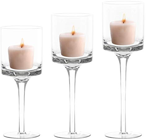 Belle Vous Lot de 3 Bougeoir Verre sur Pied pour Bougies Chauffe-Plat (3 Tailles) - Bougeoir Design - Idéal pour Mariages, Décoration Intérieure, Salles à Manger, Fêtes, Centres de Table et Cadeaux