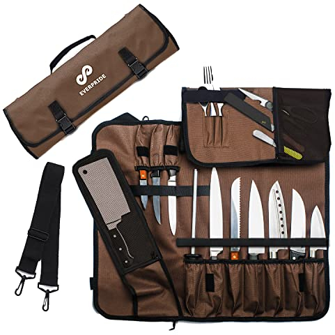 EVERPRIDE Chef Knife Roll Bag Holds 10 Knives – Contains 2 Large Zippered Pockets for Meat Cleavers and Cooking Tools – Durable Knife Case for Chefs and Culinary Students – Includes 2 Knife Sheaths