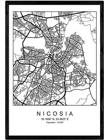 Drucken Stadtplan Nicosia nordischen Stil schwarz und weiß. A3 Größe Plakat Das bedruckte Papier Keine 250 gr. Gemälde, Drucke und Poster für Wohnzimmer und Schlafzimmer