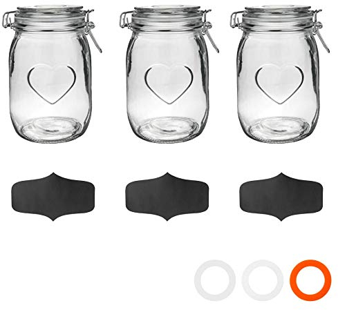 Nicola Spring Heart Shaped Glass Storage Jar with Airtight Clip Lid & Chalkboard Labels - 1000ml - 3 Pack - 4 Colour Seals - Vintage Preserving Container for Pickling, Chutney, Jam, Coffee, Oats