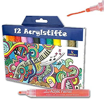 KUNSTIFY Acrylstifte - 12 Farben - 2mm - Wasserfest Paint Filzstift Folienstift Acrylic Malset Acrylstifte für Steine bemalen Holz DIY-Handwerk Metall Keramik schwarz weiß Gold Kinder Erwachsene
