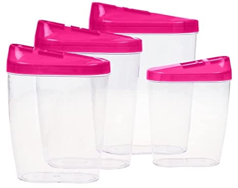 Invero 4 Piece Kitchen Dry Food Storage Box Container Tubs with Coloured Lids - Includes 4 Different Sizes 1.25L, 0.85L, 0.6L, 0.5L - Ideal for Pasta, Rice, Pet Food, Dried Food and More - Pink