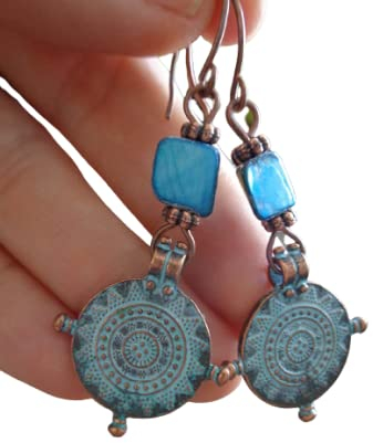 ⊹⊱✿ KUPFER PATINA MANDALA KREISE MIT PERLMUTT IN TÜRKIS ⊹⊱✿ einmalige Ohrringe mit großen Ohrhaken in Kupfer
