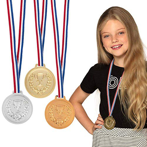 Boland 30841 - Set de médailles, 6 cm chacune, 3 médailles de podium avec collier, or, argent, bronze, trophée, victoire, jouet, sport, fête à thème, anniversaire