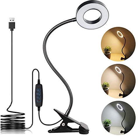 LuxLumin LED Desk Lamp with Clamp for Video Conference Lighting, USB Light for Laptop Zoom Meeting, Clip on LED Ring Light for Computer Webcam Lighting Dimmable Black