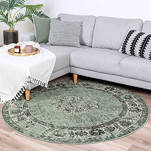 FRAAI | Home & Living Teppich Vintage Rund - Wonder Grün Schwarz - Polypropylen - Kurzflor - Vintage - Orientalisch - Wohnzimmer, Esszimmer, Schlafzimmer - Carpet