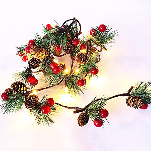 Beerengirlande, Tannengirlande mit Lichterkette, Girlande Weihnachten Beleuchtet, Kranz Weihnachten mit Beleuchtung, Stechpalme Tannenzapfen Rote Beeren Kiefernnadel Treppe Kamin Tischdekoration (D)