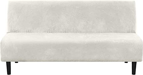 FASCINATDECO Real Velvet Futon Cover Armless Sofa Covers Sofa Bed Covers Stretch Futon Couch Cover Sofa Slipcover Furniture Protector Thick Soft Velvet Fabric with Elastic Bottom (Ivory)