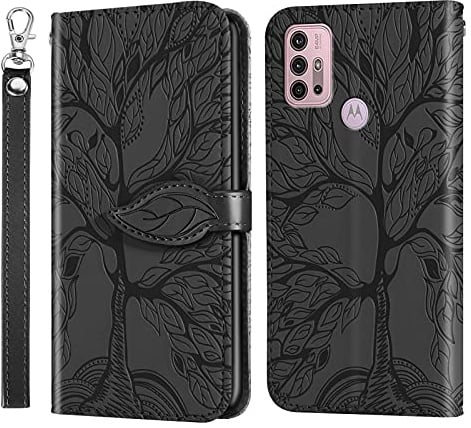 Succtopy Hülle für Motorola Moto G30/G10, PU Leder Folio Flip Handy Schutzhülle Moto G10 Klappbar Blatt Magnetisch Cover Case mit Brieftasche Handyhülle Klapphülle Motorola Moto G30, Baum Schwarz