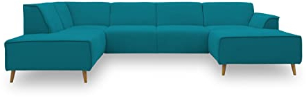 DOMO. collection Wohnlandschaft Jules FK, skandinavisches Sofa mit Federkern, Couch in U-Form mit Holzfüßen, 333 x 191 x 81 cm (BxTxH), Longchair rechts, türkis