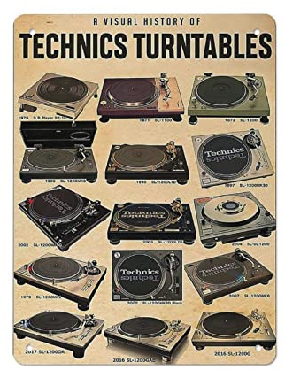 DJNGN Vintage Metal Tin Sign A Visual History of Technics Turntables Iron Painting Home Kitchen Garage Man Cave Wall Decor Plaque Art Poster Funny Gift