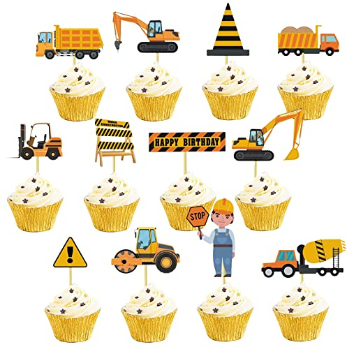 Bymivofun 24 Stück Baufahrzeug Cupcake Topper, Auto Bagger Kuchendekoration, Bagger Cake Topper, für Kinder Jungen Kinder Geburtstagsfeier Dekoration