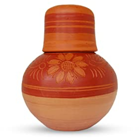 Eco-Friendly 100% Handmade Flower Design 3L Handy Look Clay Water POTS with Lid Water Cup for Best Gift Item, Home/Hotel Kitchen Table Décor Natural Cool Save Storage Pitcher
