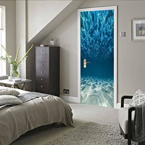 Sticker Porte Mer bleue Papier Peint pour Porte Stickers Trompe Loeil Papier Peint 3d Trompe L'oeil Poster de Porte L77 x H200cm