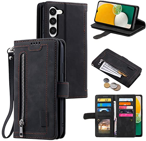 EYZUTAK Coque pour Samsung Galaxy S23 5G, Etui à Rabat en Cuir Fermeture à Glissière Magnétique Portefeuille avec 9 Emplacements pour Cartes Fonction Stand Etui en Cuir Mat Rétro-Le Noir