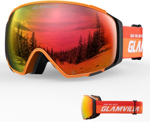 GLAMVILLA Skibrille für Herren und Damen, Unisex groß Schneebrille mit Magnetische Wechselglas für Brillenträger, 100% UV-Schutz Anti-Fog Ski Goggles(A3-Orange vlt16.9%)