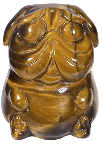 KYEYGWO Mini Stein Hund Figur Deko, 2,8 cm Tigerauge Hoch Kristall Mops Statuen Hündchen Taschensteine Edelstein Welpe Skulptur Hand Geschnitzt Heilstein Tier Ornament für Haus und Büro