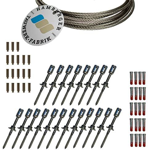 Rankhilfe/Ranksystem ''M'' aus Edelstahl - Wandabstand 50mm (Set 8) mit 20 Wandhaltern und 50m Drahtseil