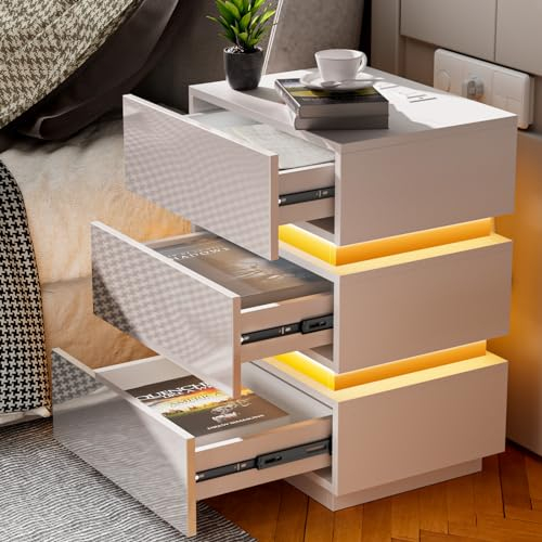PIPIPOXER Nachttisch LED mit Steckdose & USB, Beistelltisch in Weiß aus Hochglanz mit 3 Schubladen für Wohnzimmer, Schlafzimmer, 45x35x62cm Weiß