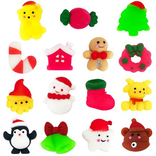 POPOYU Weihnachten Mini Mochi Squishy Set,Squeeze Spielzeug für Kinder,15 Stück Kawaii Mini Soft Mochi Squishy Spielzeug,Weihnachts Stretchy Stress Relief 15Pcs Christmas Toys für Kinder Kawaii