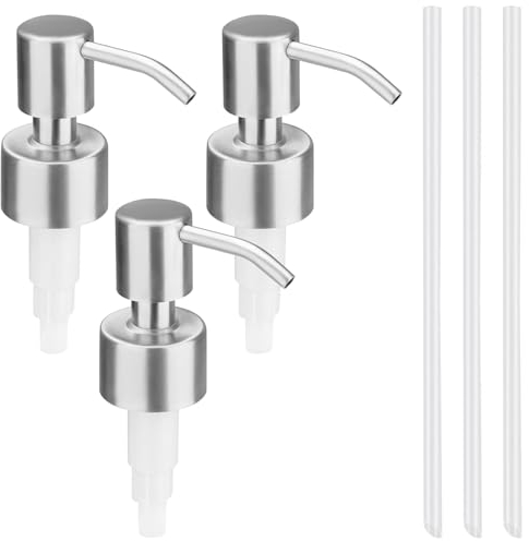 Pizsieat 3 Stück Seifenspender Pumpkopf Ersatzpumpe Seifenpumpe Edelstahl mit 3 Schläuche für 28 mm Gewinde Flasche Küche Badezimmer Worktop Seife Shampoo Duschgel (Silber)