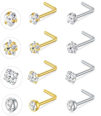 NIUSIMAN Nasenpiercing Stecker Gold 20G L Form Nasenpiercing Chirurgenstahl Bar mit Herz Stern Cubic Zirkonia Nasenpiercing Silber 8 Stück Kleine dünne Nasen Piercing Schmuck für Frauen Männer