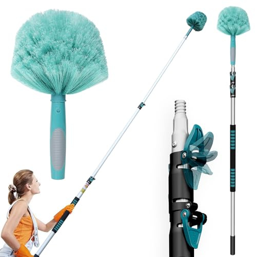 TelesPro 20 Feet High Reach Cobweb Duster with 5-12Ft Extension Pole, Webster Cobweb Duster with 3-Stage Telescopic Aluminum Pole, Spider Web Brush for Outdoor & Indoor Cleaning - Soft Bristles.