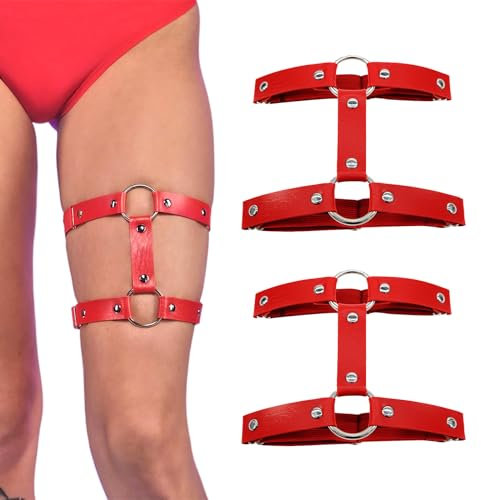 KWJEIULSOQ Strumpfhalter Damen Garter Belt Punk Leder Beinkette Suspender Oberschenkel Ring Harness Gothic Oberschenkelkette für Frauen Rot