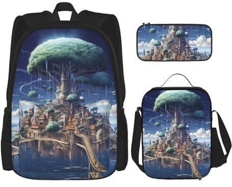 OUSIKA 3 Pcs Floating City Print Backpack Sets Casual Daypack with Lunch Box Pencil Case for Women Men