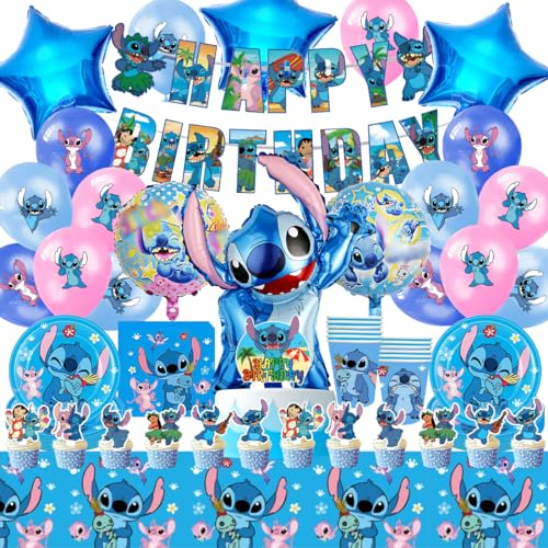 Kit Compleanno Bambini, Stoviglie per Feste di Compleanno, 76 Pezzi Forniture di Addobbi Feste Blu con Palloncini, Piatti, Bicchieri Carta, Tovaglioli, Striscione, Decorazione per Torta