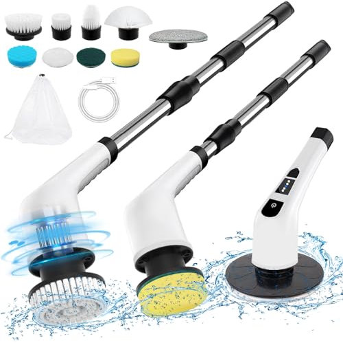 Gmiigu Brosse Nettoyage Electrique, Brosse Nettoyage sans Fil poignée réglable avec 9 têtes de Brosse à 2 Vitesse, 210 Minutes de durée, pour Salle de Bain, Cuisine, Baignoire, Sol, fenêtre (Blanc)